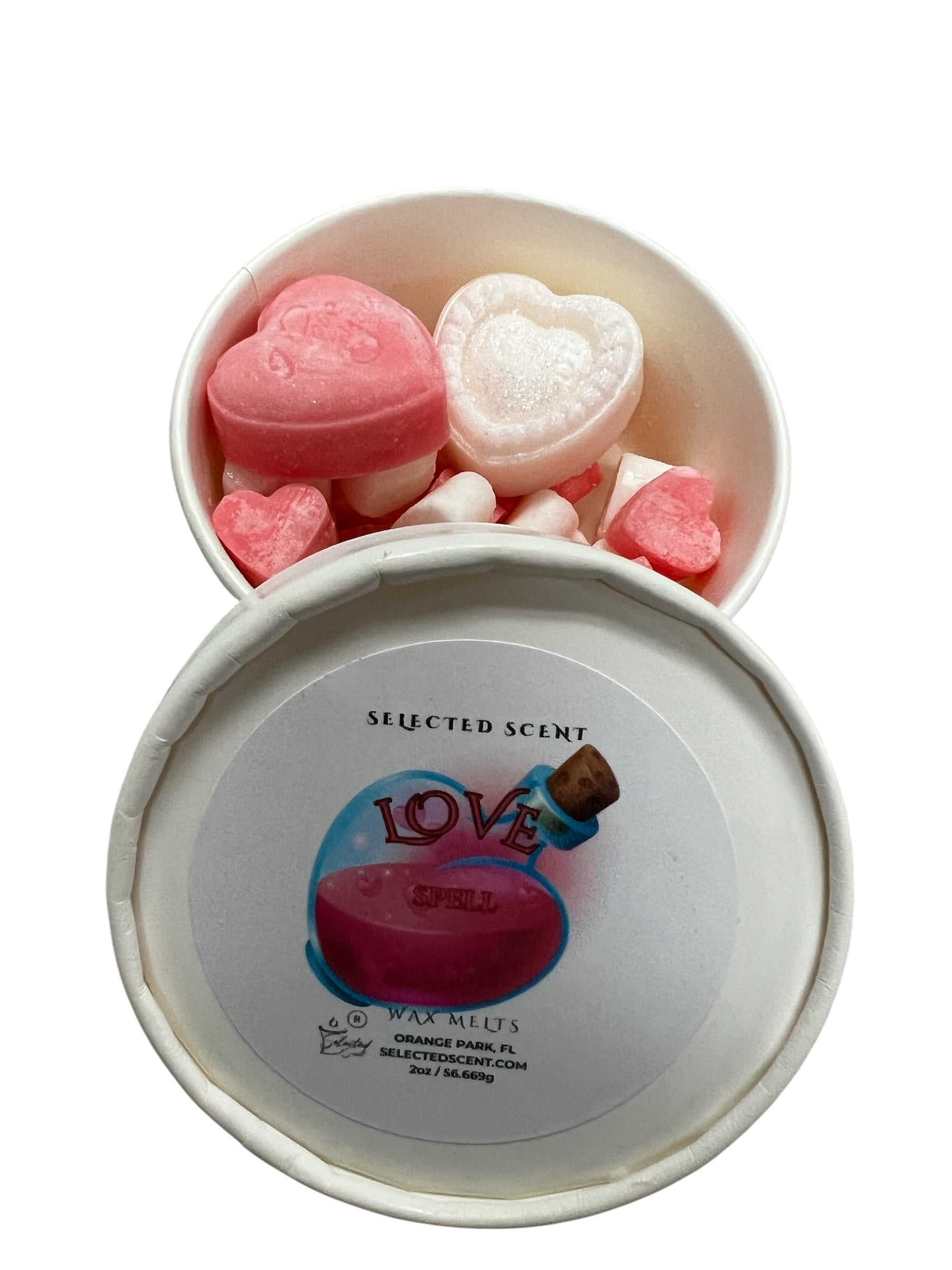 Selected Scent white round tin with pink and white heart shaped and mini hearts love spell wax melts