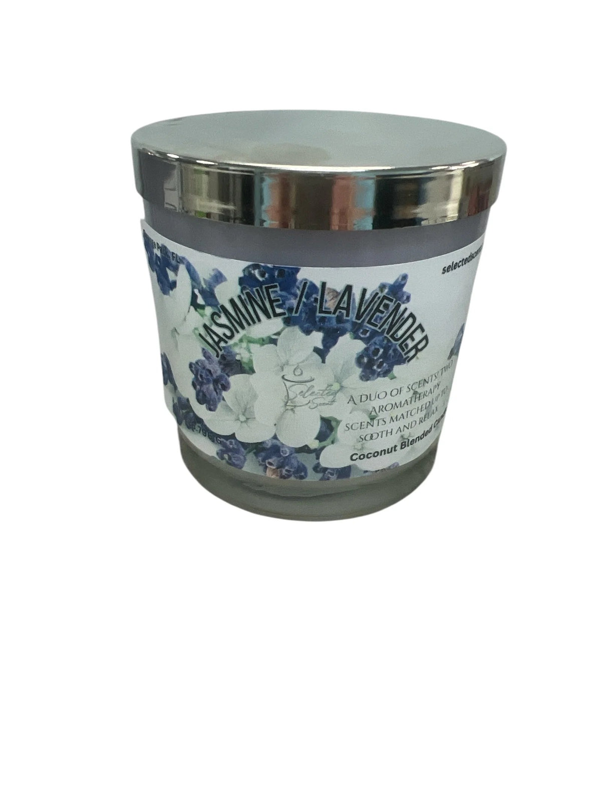 Selected Scent Jasmine Lavender Duo Scented Aromatherapy candle with floral design and silver lid