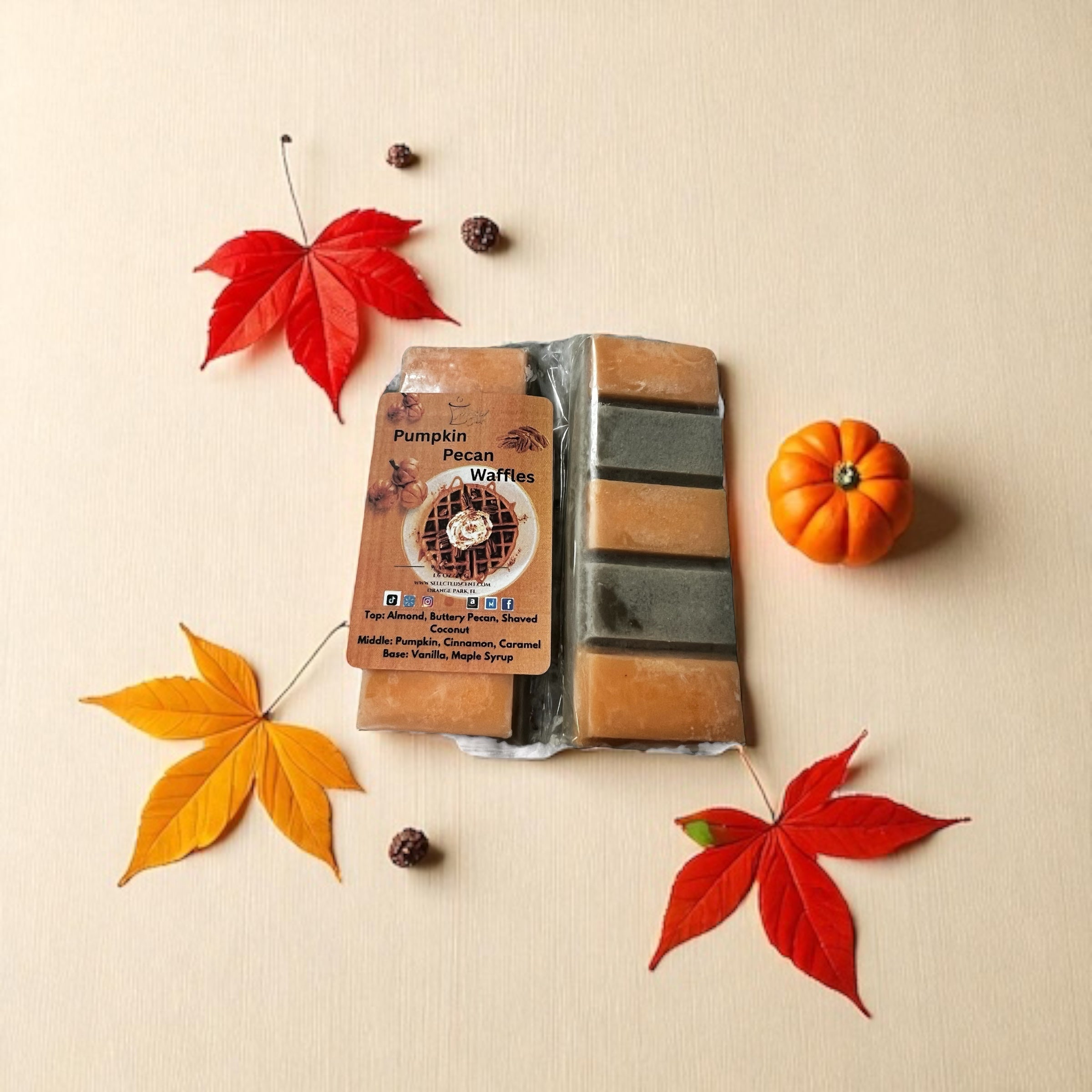 Selected Scent fall scented snapbar wax melts in Pumpkin Pecan Waffles scent with autumn leaves and small pumpkin