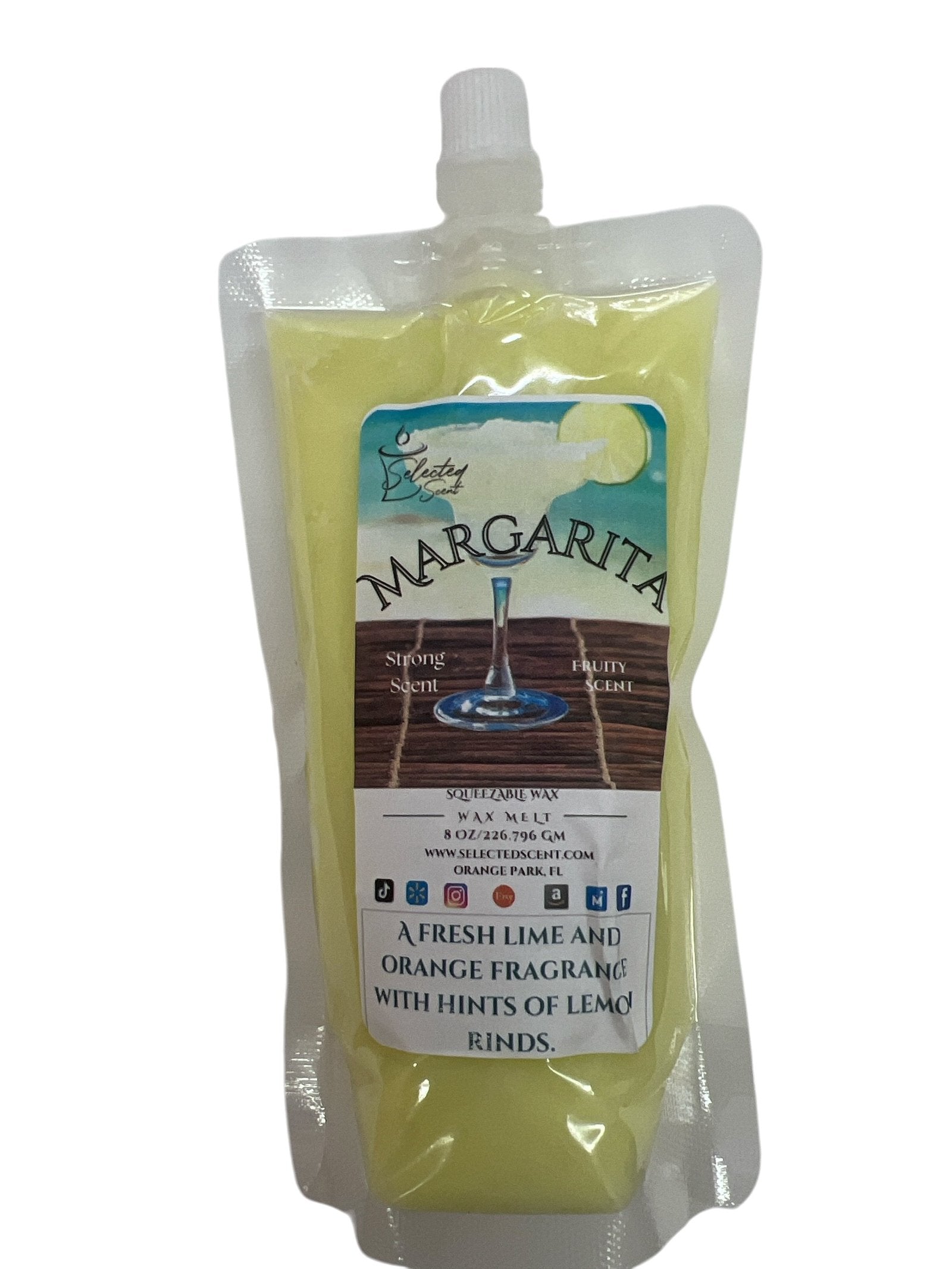 Selected Scent squeezable wax melt pouch with margarita scent featuring fresh lime and orange fragrance