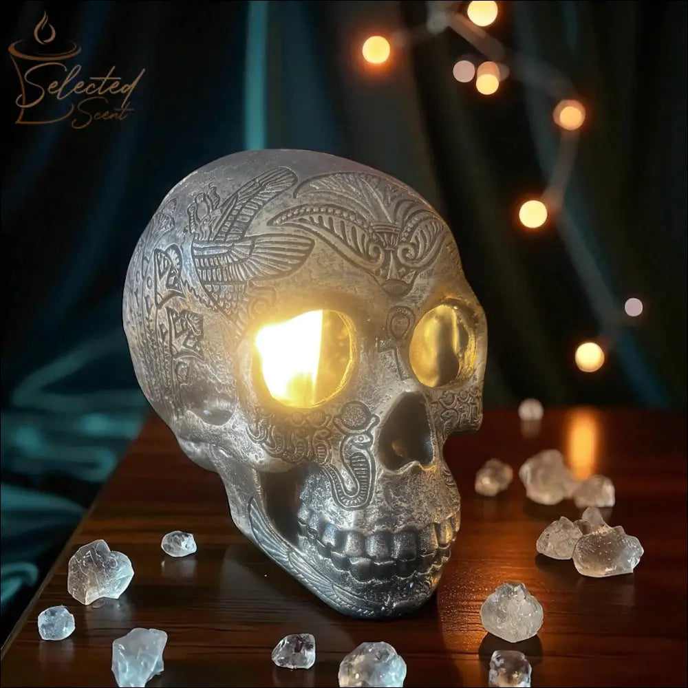 Selected Scent electric decorative warmer shaped like an engraved skull with light glowing from the eyes