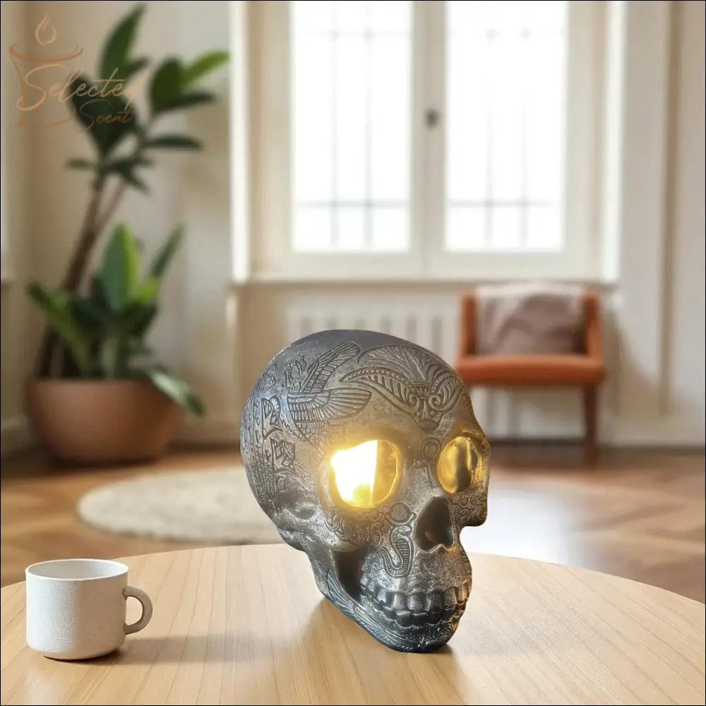 Selected Scent Electric Decorative Warmer shaped like an engraved skull with glowing eyes on a wooden table