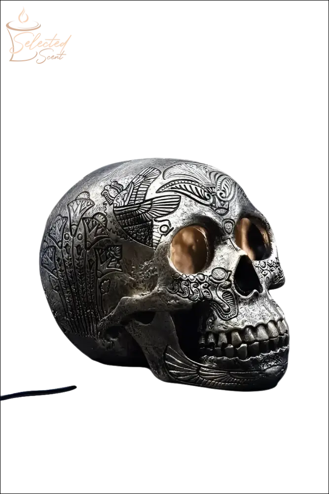 Selected Scent Electric Decorative Warmer shaped like a detailed metallic skull with engraved patterns