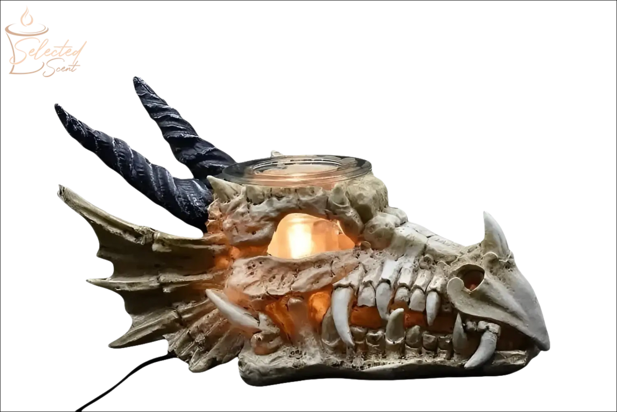 Selected Scent Electric Decorative Warmer shaped like a dragon skull with lit candle inside
