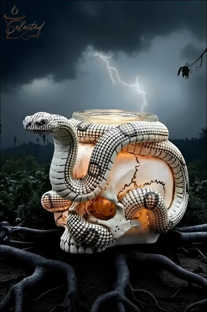 Selected Scent Electric Decorative Warmer shaped like a skull with a snake wrapped around it glowing in dark stormy background
