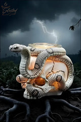 Selected Scent Electric Decorative Warmer shaped like a skull with a snake wrapped around it glowing in dark stormy background