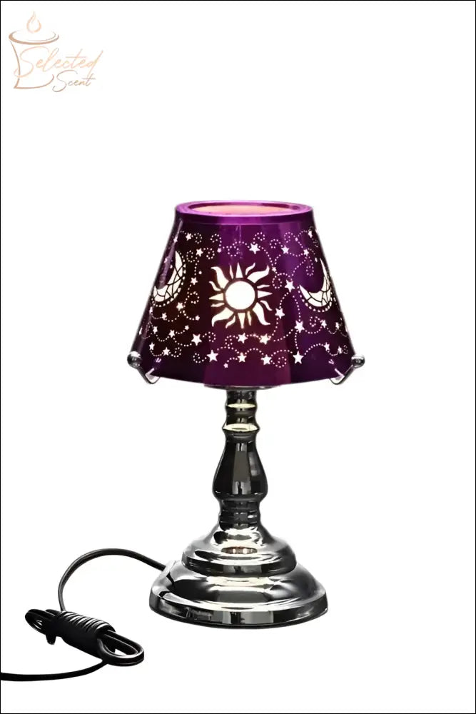 Selected Scent Electric Decorative Warmer with purple lampshade featuring sun and moon cutouts on silver base