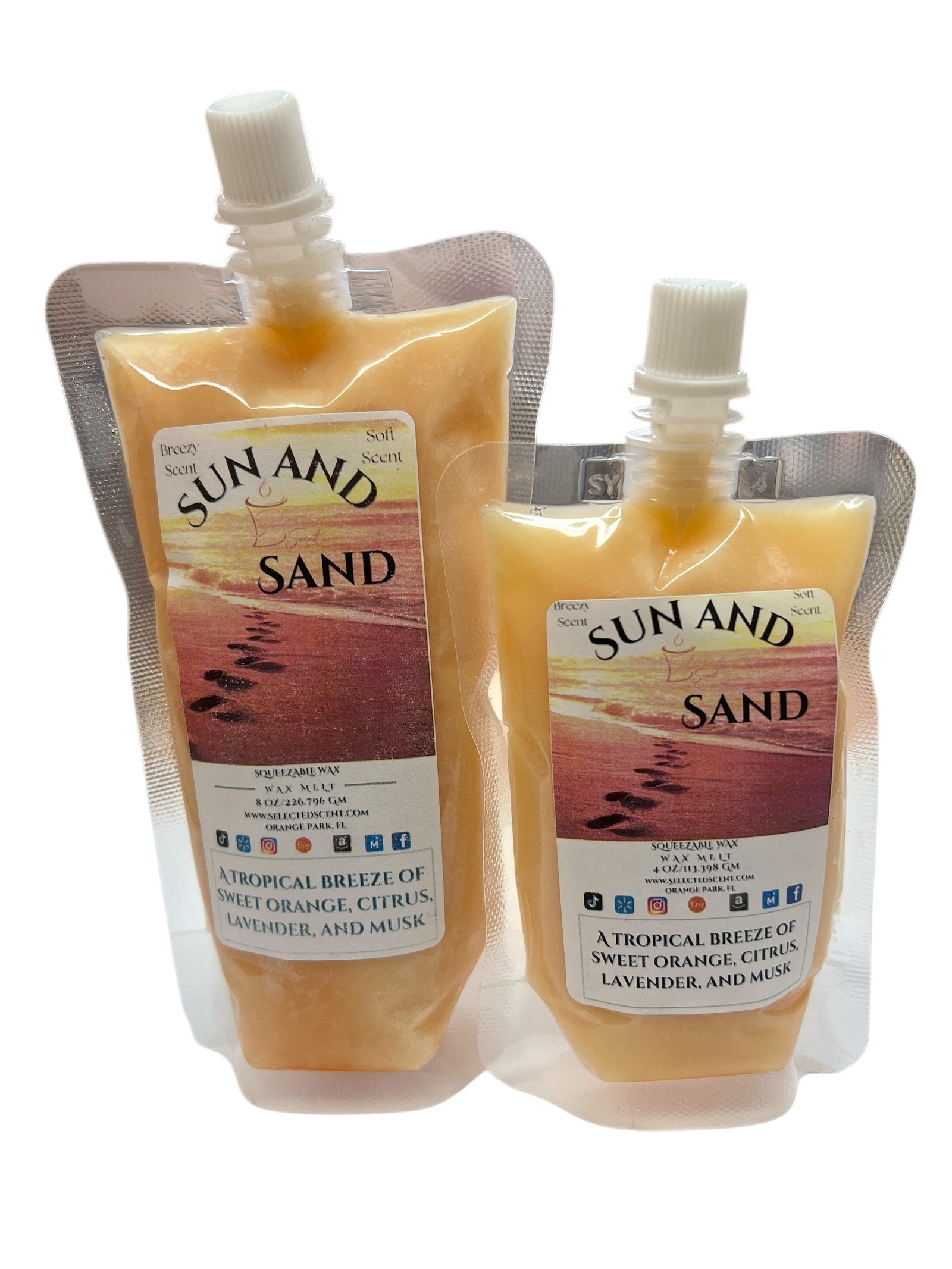 Selected Scent Sun and Sand long lasting citrus wax melts with sweet orange, citrus, lavender, and musk fragrance