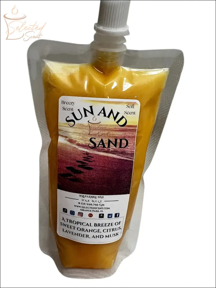 Selected Scent Sun and Sand long lasting citrus wax melts in a yellow pouch with tropical fragrance