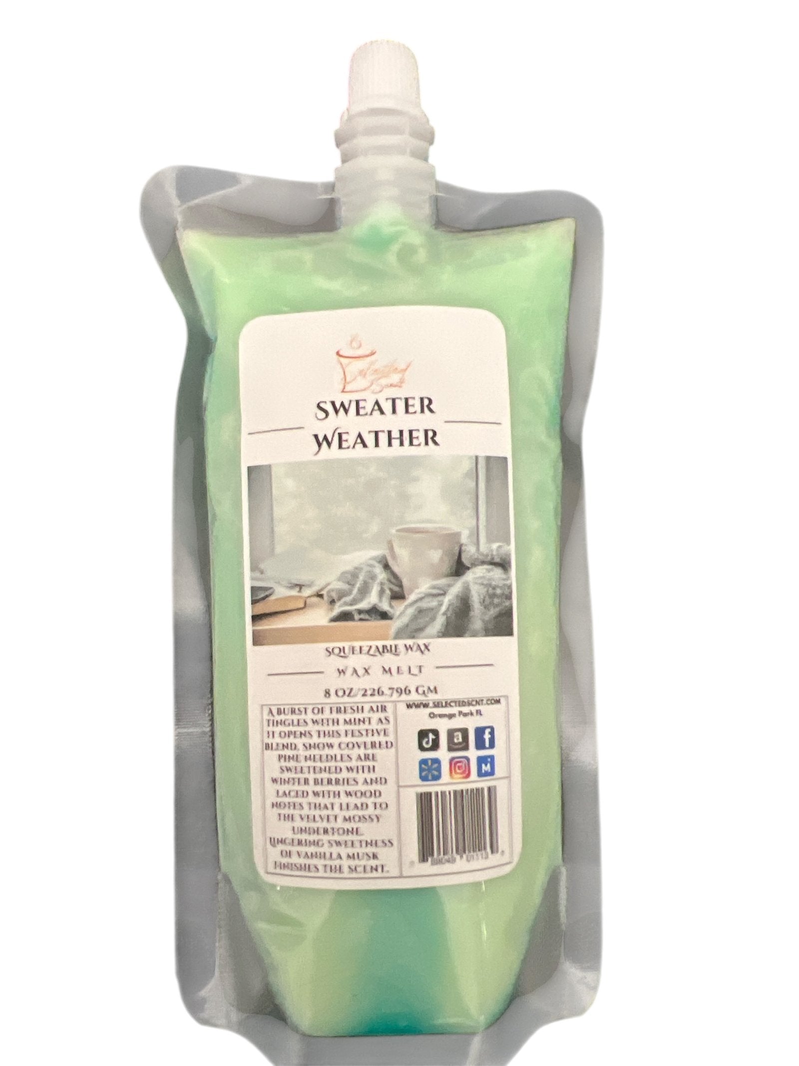 Selected Scent Sweater Weather long lasting home fragrance wax in green refill pouch