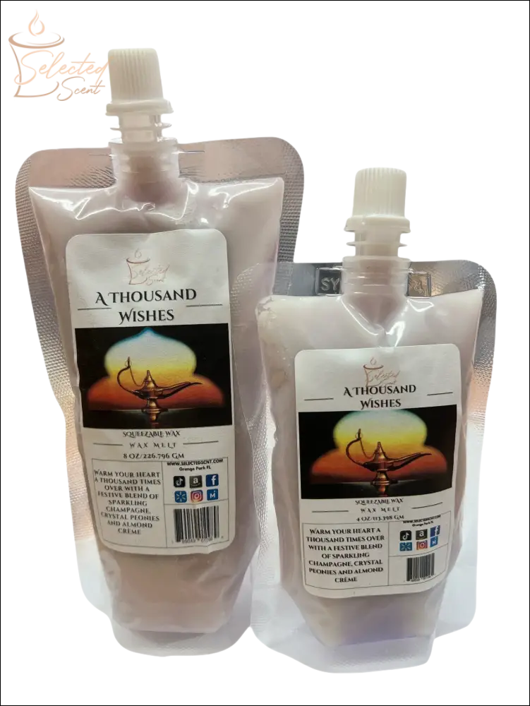 Selected Scent A Thousand Wishes wax melt refill pouches with resealable caps in two sizes
