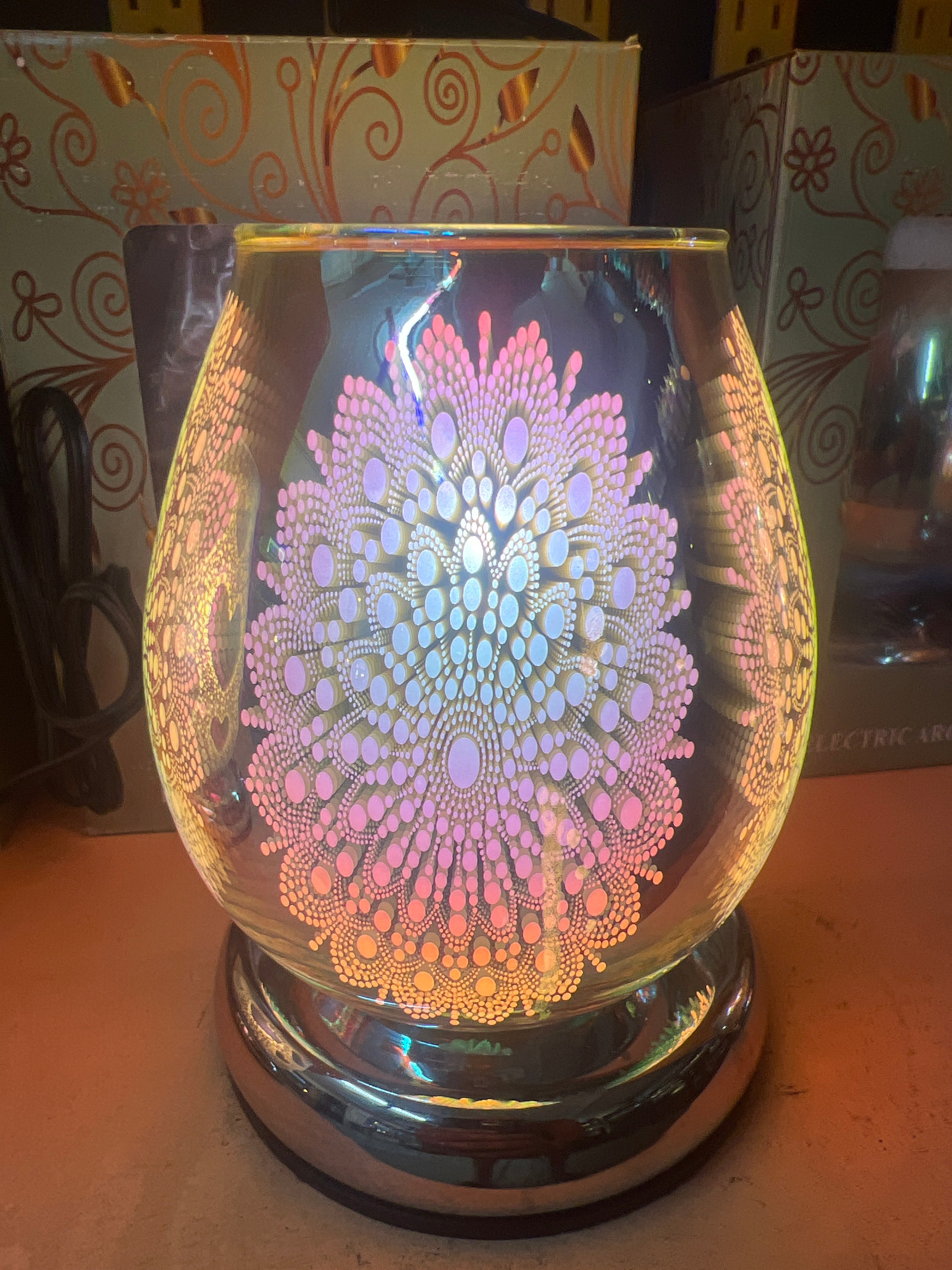 Selected Scent touch control oil warmer with colorful mandala pattern and reflective glass design