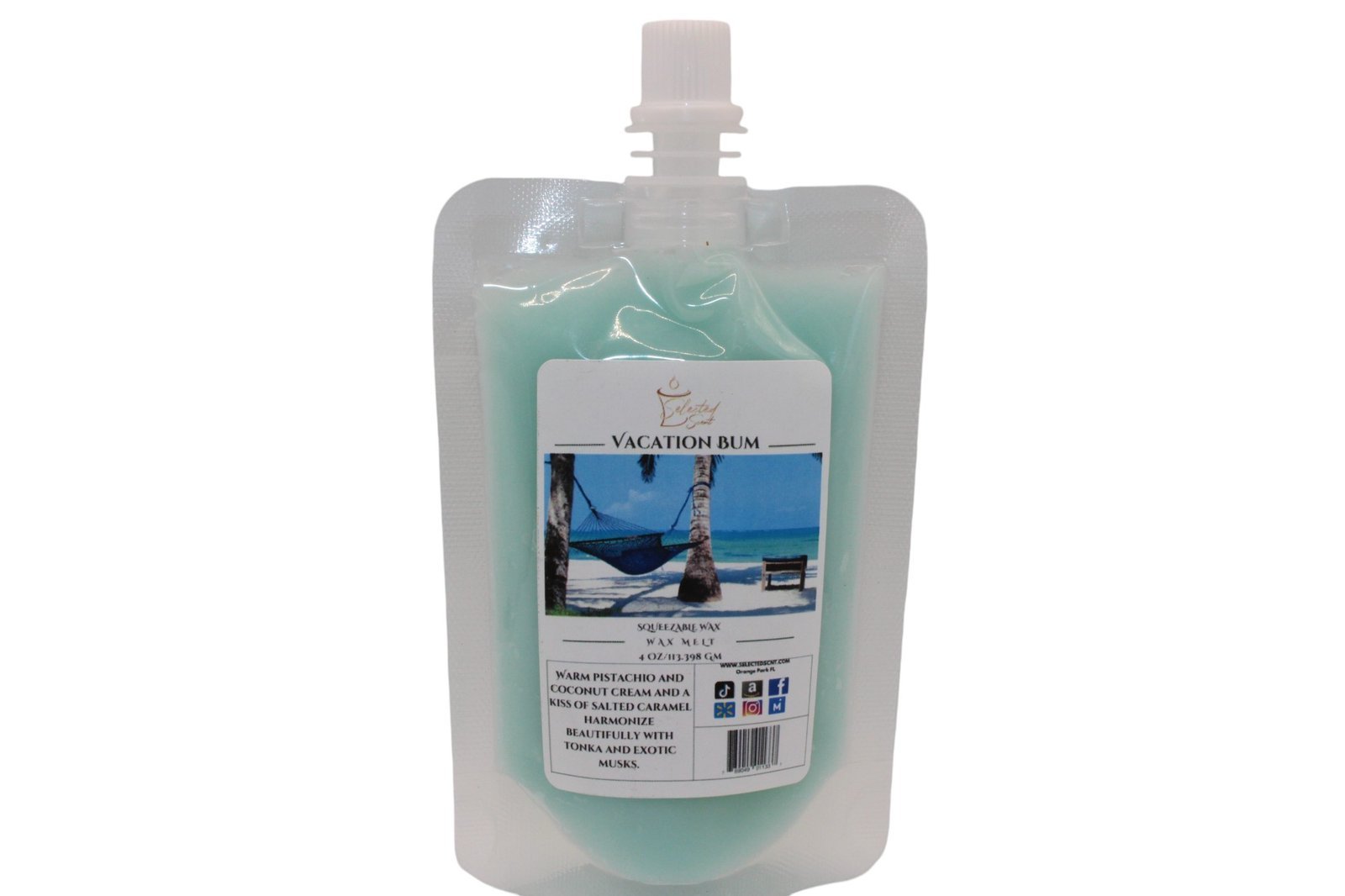 Selected Scent unique wax melt pouch fragrance with blue tropical Vacation Bum scent in resealable pouch