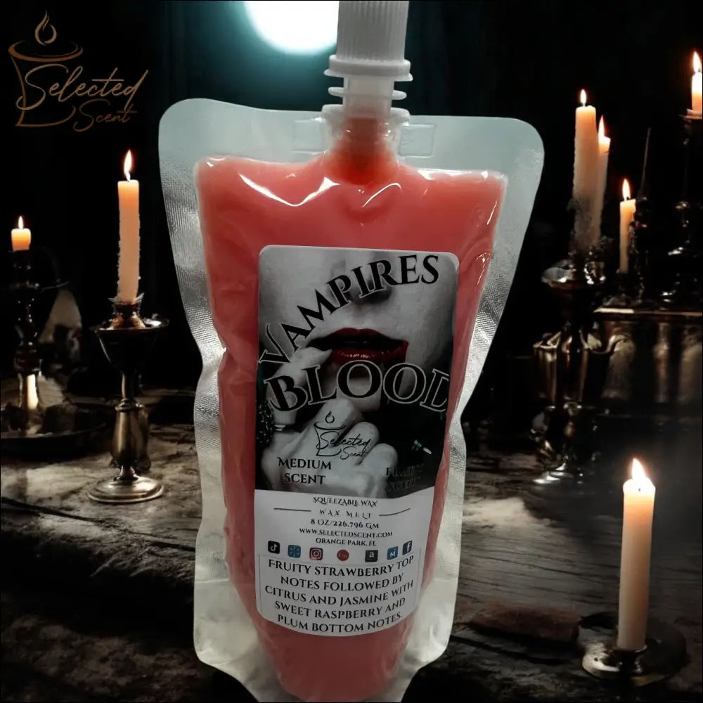 Selected Scent Vampire Blood candle wax pouch with fruity strawberry and jasmine notes Fall Seasonal Favorites