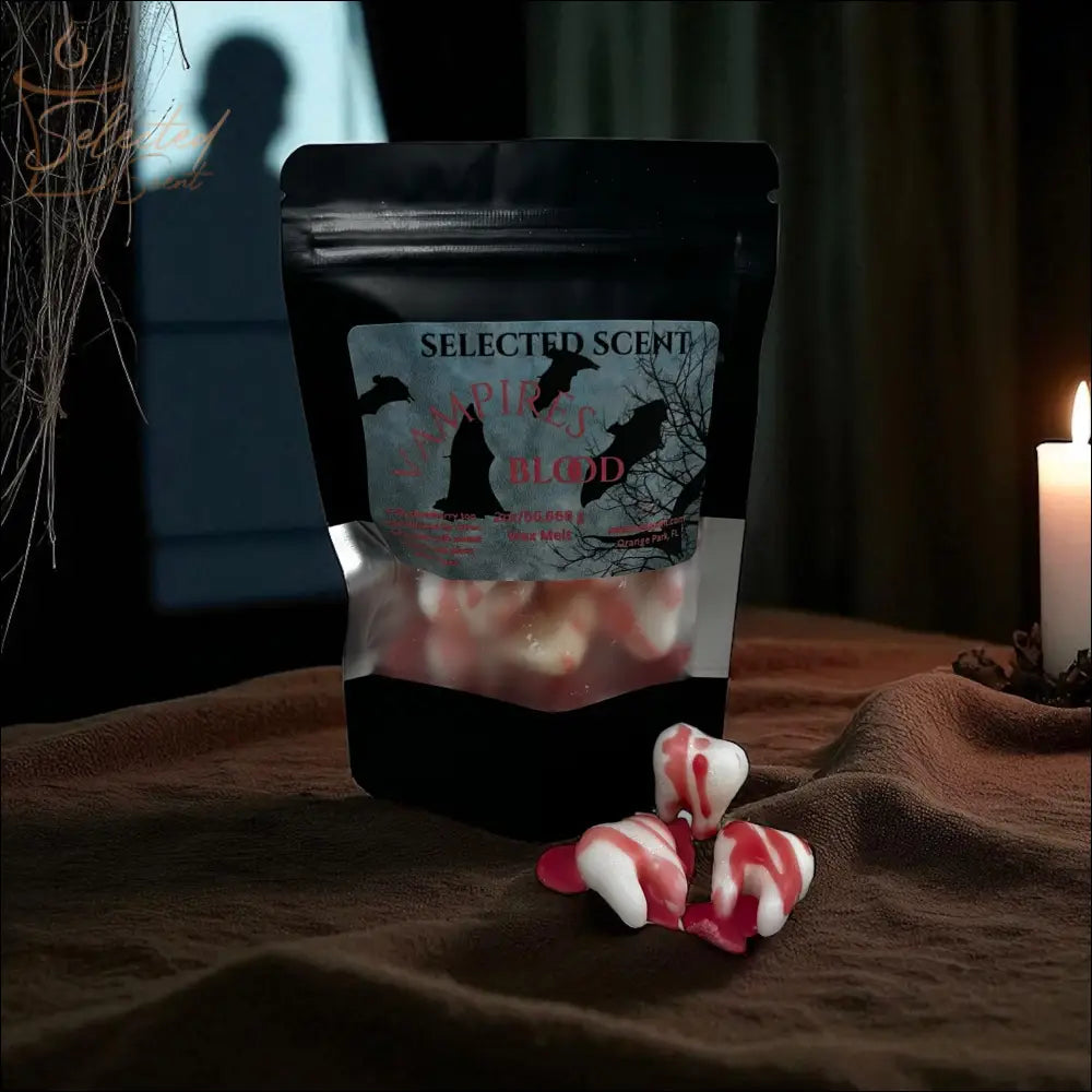 Selected Scent Vampire Blood wax melts with red and white design in spooky Halloween setting unique spooky wax melts
