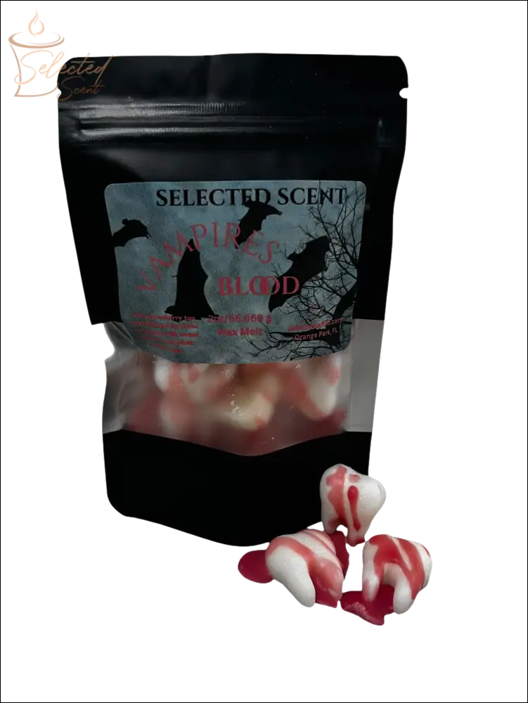 Selected Scent Vampire Blood unique spooky wax melts in a black resealable bag with ghostly design