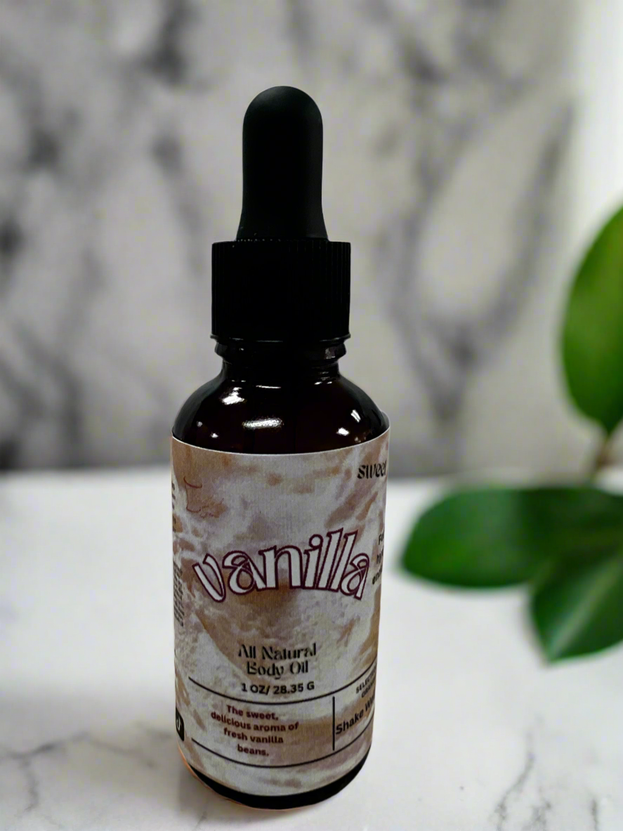 Selected Scent vanilla body oil bottle for hydrating and protecting skin with natural ingredients