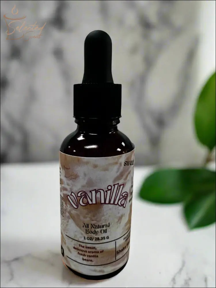 Selected Scent vanilla body oil bottle for hydrating and protecting skin with natural ingredients