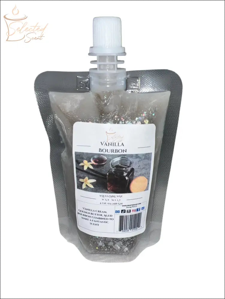 Selected Scent vanilla bourbon wax melt in resealable pouch with spout for easy use
