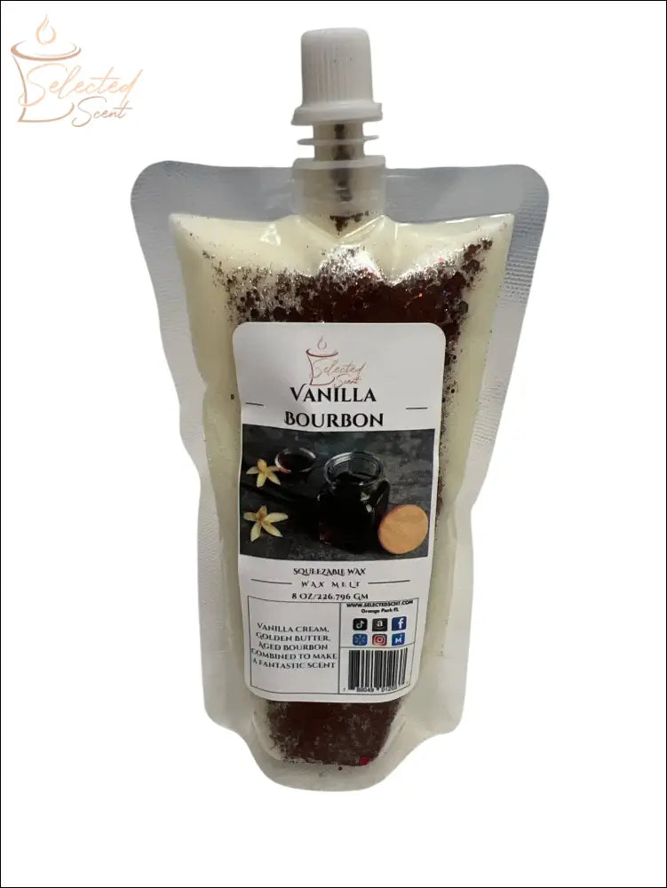 Selected Scent vanilla bourbon wax melt in a resealable pouch with vanilla and bourbon visuals