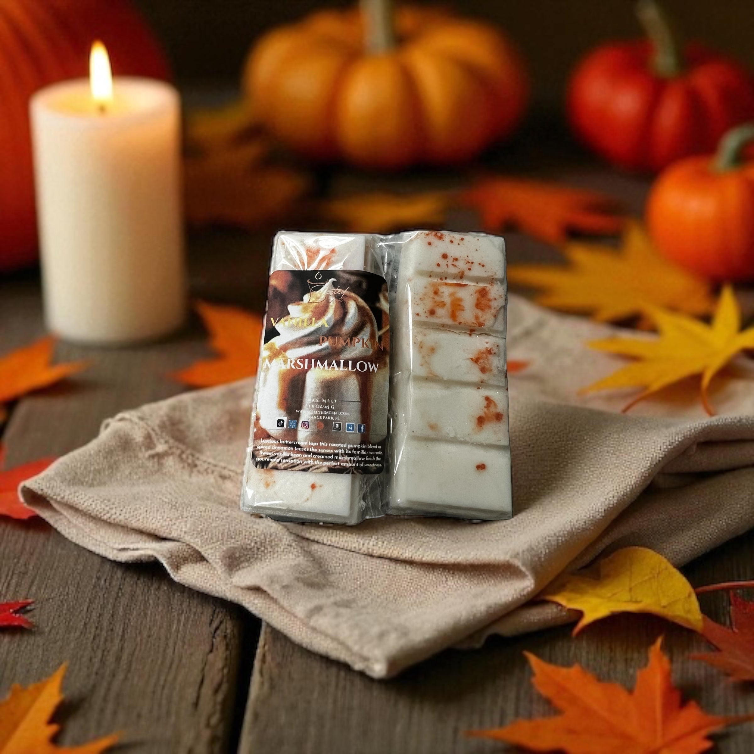 Selected Scent long lasting natural wax melts in pumpkin marshmallow scent with autumn pumpkins and candle