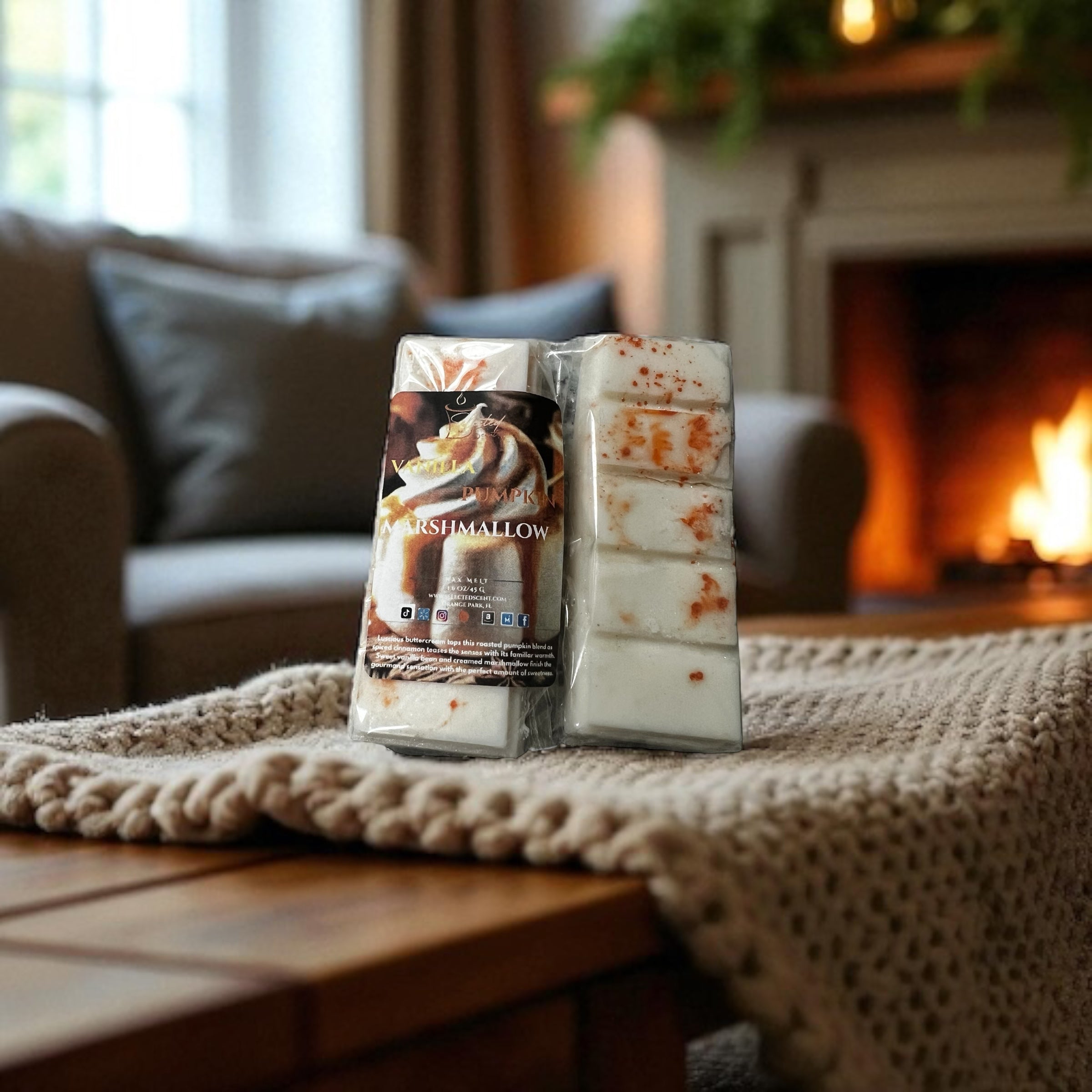 Selected Scent long lasting natural wax melts with pumpkin marshmallow scent near cozy fireplace