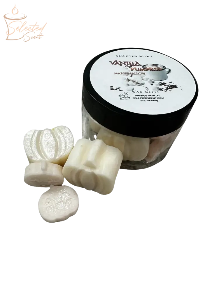 Selected Scent jar of vanilla pumpkin marshmallow wax melts in cream molded pumpkin and heart shapes