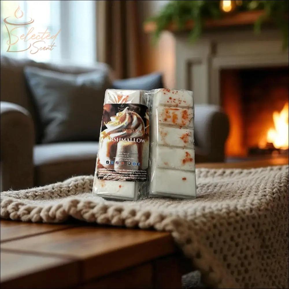 Selected Scent long lasting natural wax melts with pumpkin marshmallow scent near cozy fireplace