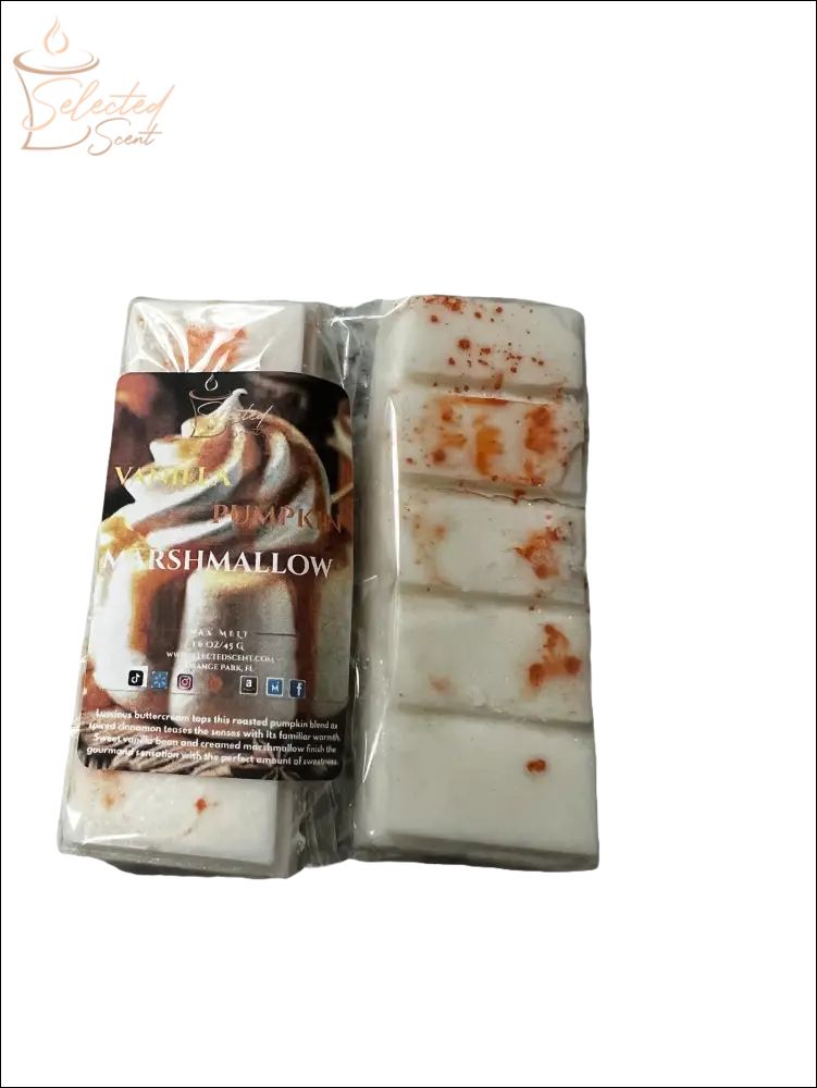 Selected Scent Pumpkin Marshmallow long lasting natural wax melts with orange speckles in clear packaging