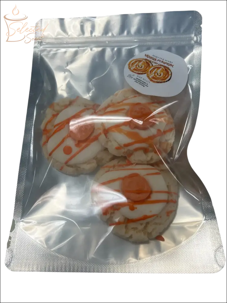 Selected Scent package of vanilla pumpkin spice wax melts three round drizzled orange melts in resealable pouch