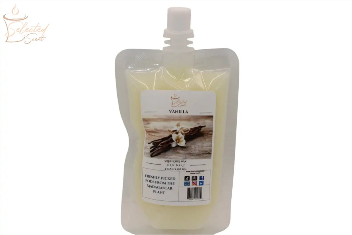 Selected Scent vanilla refill pouch for long lasting home fragrance with natural vanilla image on label