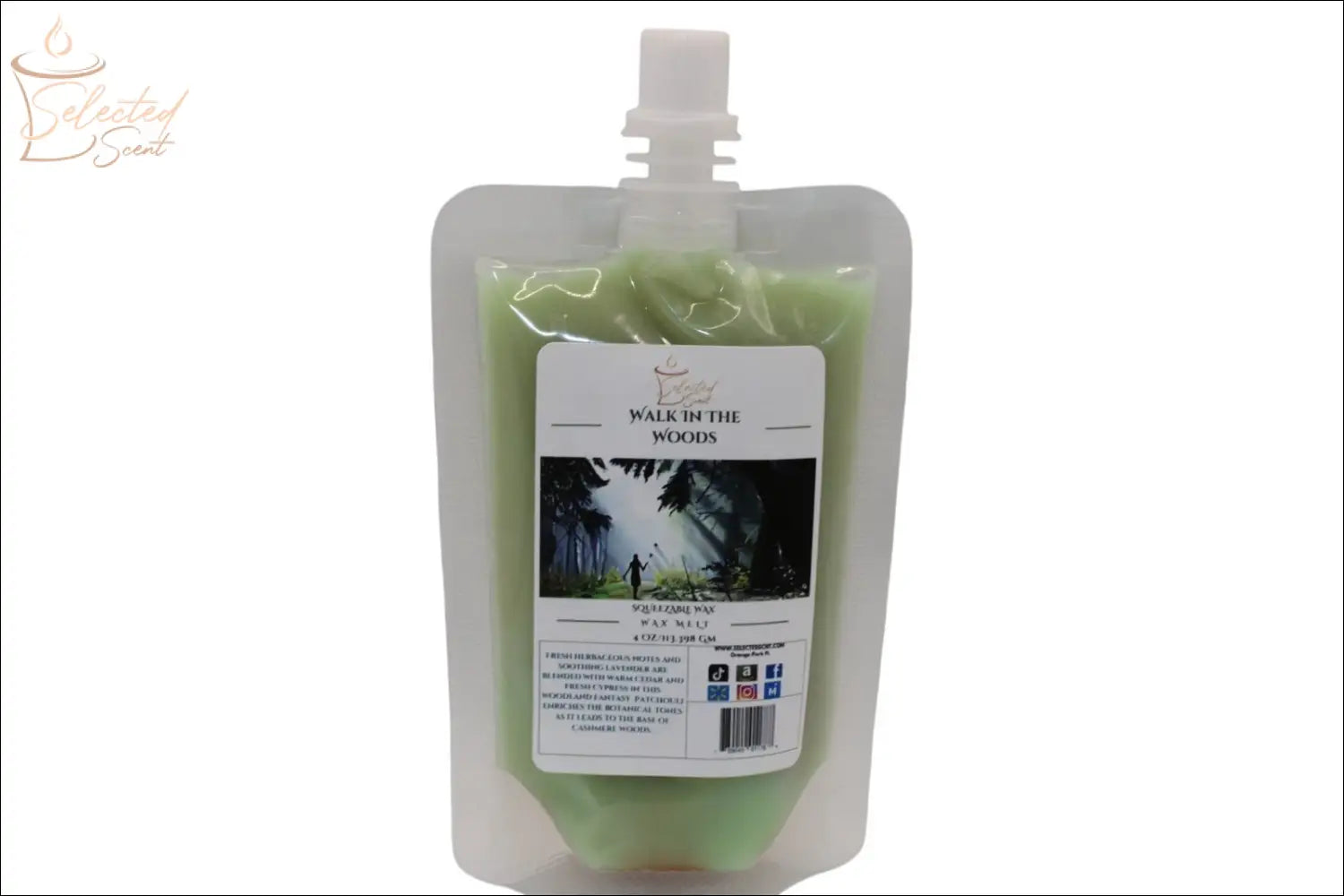 Selected Scent squeezable wax melt in a green refill pouch with Walk in the Woods fragrance