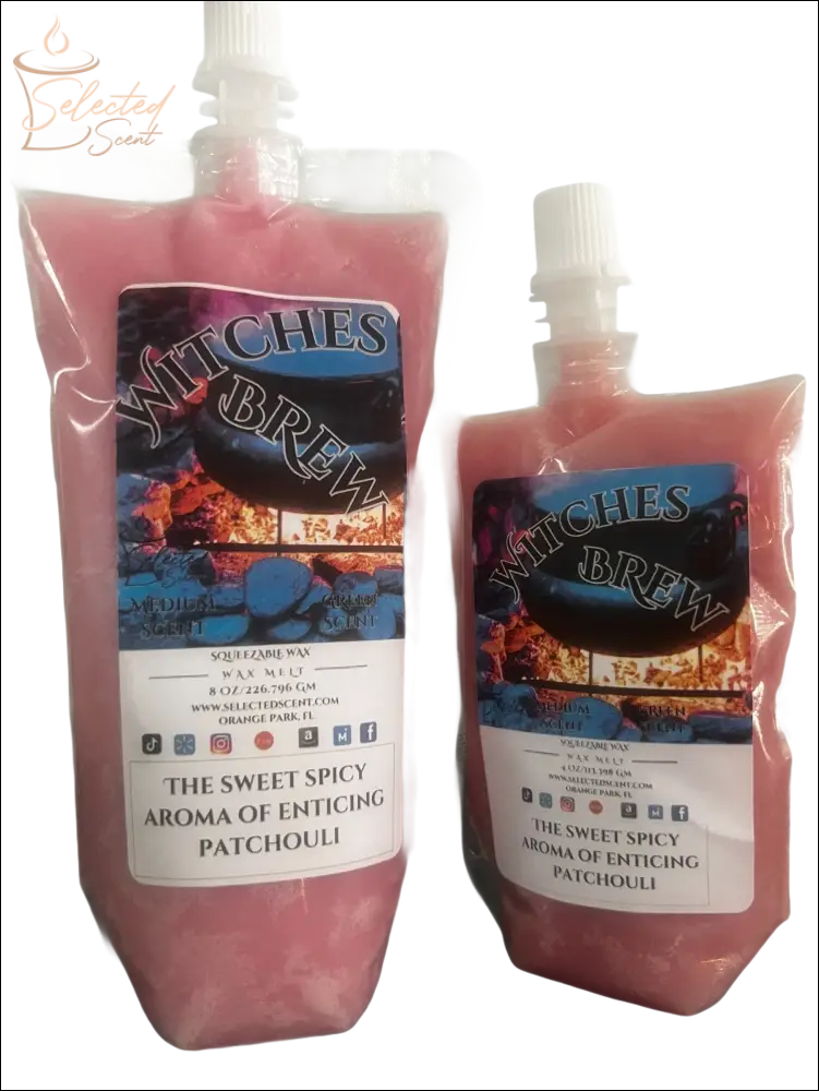 Selected Scent Witches Brew scented wax melts in pink pouches with sweet spicy patchouli for Fall Seasonal Favorites