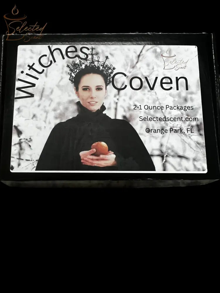 Selected Scent Witches Coven long lasting fragrance set with a woman holding an apple on the packaging