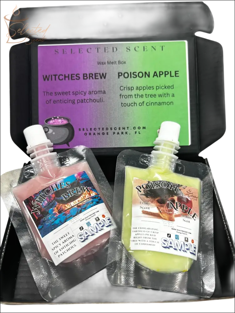 Selected Scent long lasting fragrance set with Witches Brew and Poison Apple wax melts in a black box