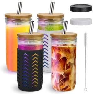 4 Set of Designer Glasses 24 oz with large straws